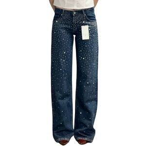 NWT✨ | Zara | Mid Rise Dark Blue Rhinestone Embellished Wide Leg Jeans